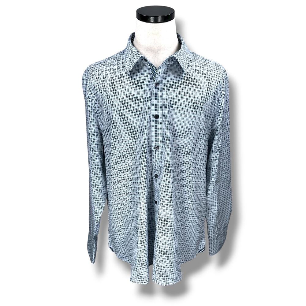 Con.Struct Shirt Men’s 2XL XXL Blue White Geometric Print 4-Way Stretch Slim Fit